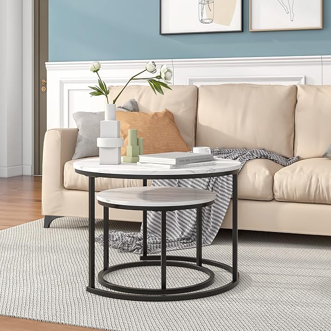 Nesting Round Coffee Table Set of 2 End Tables for Living Room,Circular and Marble Coffee Table Wooden Accent Furniture with Metal Frame,Stacking Side Tables,Black