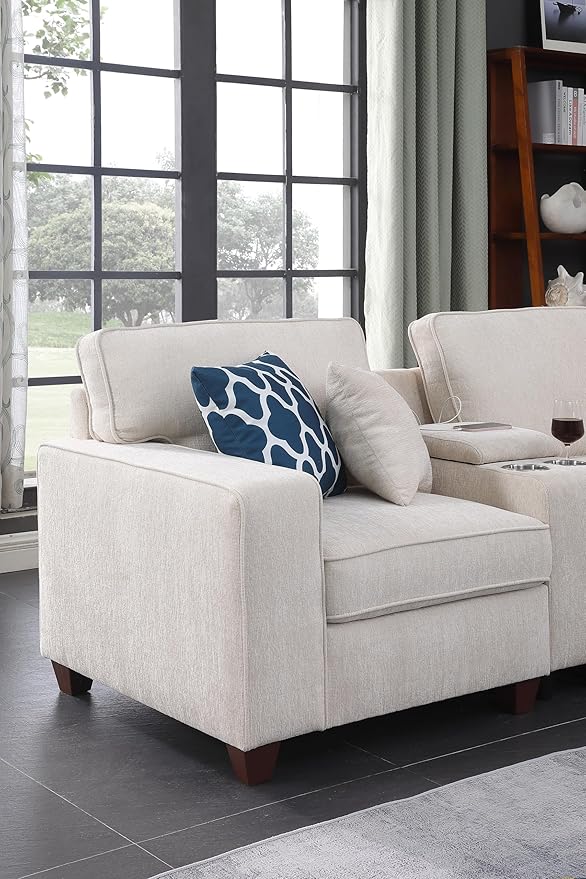 127" L-Shaped Sectional Couch with Movable Ottoman & 6 Throw Pillows,7 Seat Chenille Upholstered Sofa W/2 Cup Holder,USB Port & Hidden Storage Box,DIY Combination,for Living Room,Apartment,Beige