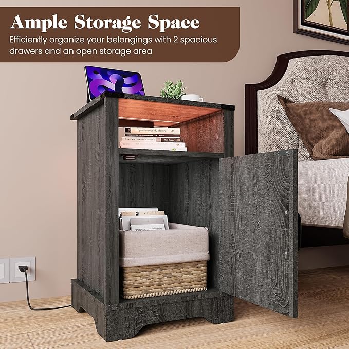 RoyalCraft Farmhouse Nightstand, Grey Night Stand with LED Lights and Charging Station, Bedside Table Set of 1 with Storage and Door, Wood End Table for Bedroom, Home Office, Dark Grey