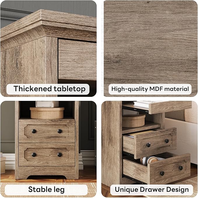 LIKIMIO Night Stand, Modern Bedside Table with 2 Drawers, Open Shelf, End Table with Pull-Out Tray, Wood SideTable, Grey Oak