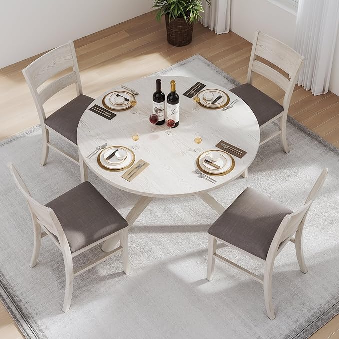 VECELO Peatuk 4-Piece Solid Wood Dining Table Set for 4-6, Modern Breakfast Dinette Kitchen Table with Chairs for Dining Room, Kitchen, Grey
