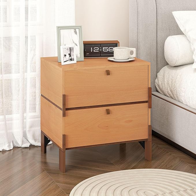 Sebastack Night Stand, Customizable 2 Drawers Bedside Table, End Table, Side Table for Bedroom, Dormitory, Mid-Century Style Wood Chest of Furnitures, Basswood Color