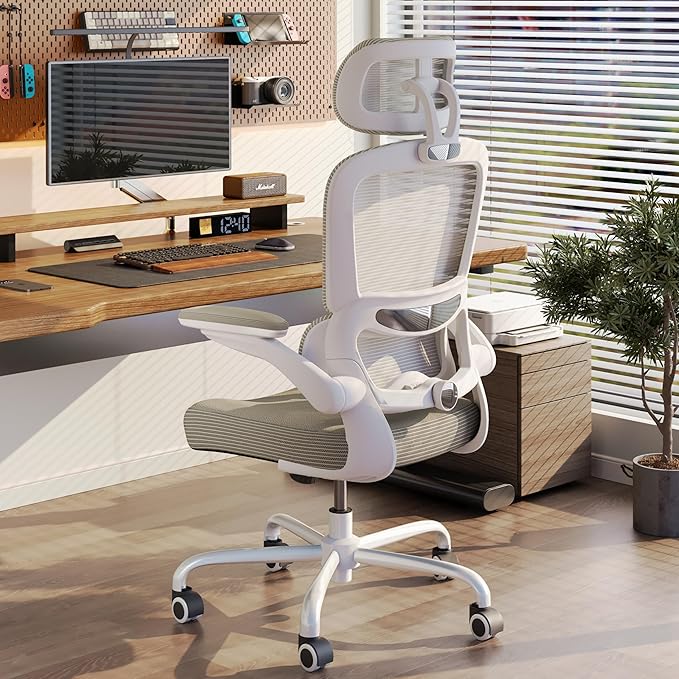 TRALT Ergonomic Office Chair - Desk Chair with Adjustable Headrest Lumbar Support Computer Chair - Mesh Comfy Chair with Flip-up Armrests - Gaming Chairs for Adults Home Office (Leather, Grey)