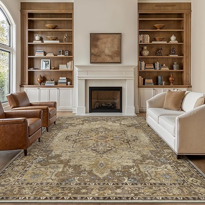 GENIMO 10x14 Area Rugs for Living Room, Machine Washable Non Slip Vintage Rugs, Low Pile Lightweight Chenille Print Rug for Bedroom, Dining Room, Home Office, Rustic Brown