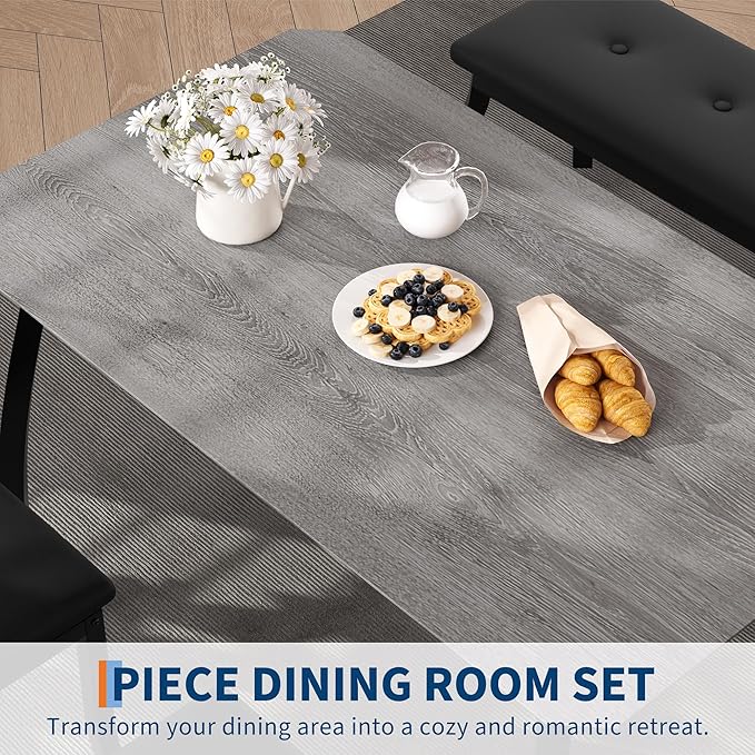 Dining Table Set for 4, Wooden Kitchen Table with Upholstered Bench & 2 Cushion Chairs, Space-Saving Dinette Set for Studio, Kitchen, Dining Room, Apartment(43''x28''x30''), Gray
