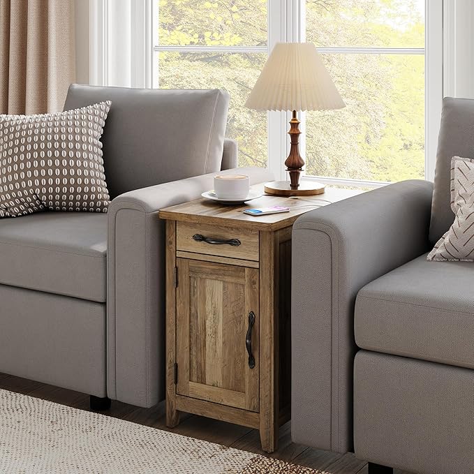 LINSY HOME Farmhouse End Table with Charging Station, Narrow Side Table for Living Room, Sofa Side Table with Drawer and Storage Cabinet, Small Nightstand for Home Office