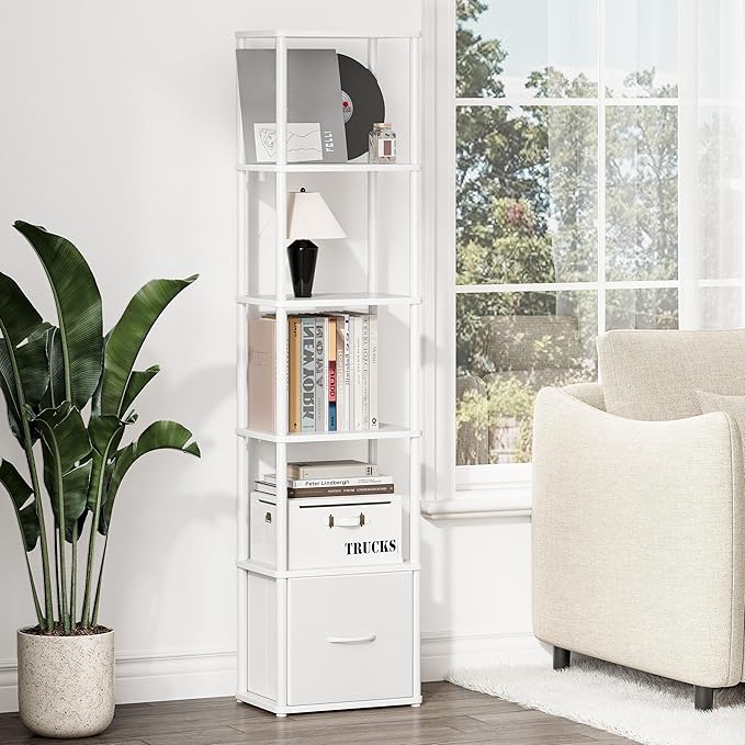 6-Tier Bookshelf with Drawer,Narrow Bookshelves Organizer,Floor Standing Ladder Shelf,Tall Bookcase for Small Space,Book shelf with Storage for Living Room, Bedroom, Office, Study White HBC505W