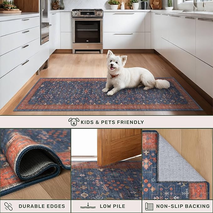 Washable Kitchen Rugs, 3x4 Area Rug for Large Entryway Indoor, Kitchen Mat, Small Rug for Living Room - Stain Resistant Non Skid Non Slip Rubber Backing, Boho Aethestic Décor (3x4 Navy Blue)