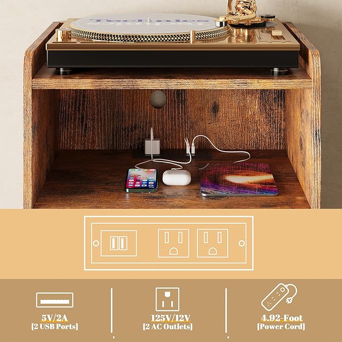 Record Player Stand, Turntable Stand with Record Storage and Charging Station & USB Ports, Record Player Table with Metal Divider, Record Stand Up to 160 Albums for Living Room, Bedroom Brown