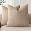 Foindtower Set of 2 Decorative Linen Check Throw Pillow Covers Neutral Farmhouse Vintage Cushion Covers Modern Coastal Boho Home Decor For Sofa Chair Couch Bedroom Living Room Outdoor,24×24 Inch,Camel