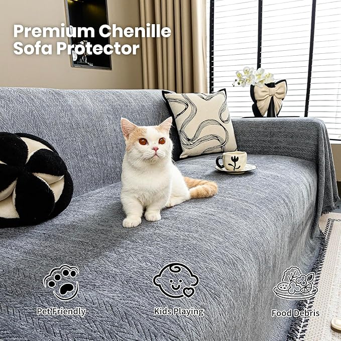 Nobildonna Sofa Cover Washable Soft Thicken Chenille Couch Cover with Tassel,Waterproof Sofa Slipcovers for 2 Cushion Couch,Loveseat,Futon Couch Furniture Protector Pet-Friendly,Dark Gray 71"x102"