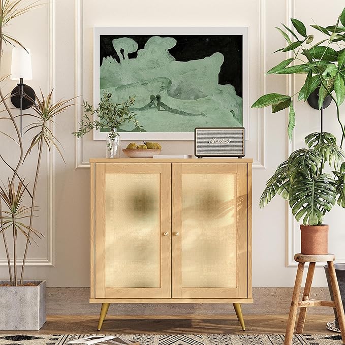 Shintenchi Rattan Buffet Cabinet with Storage, Sideboard Buffet Cabinet with Rattan Decor Doors, Modern Wood Cupboard for Kitchen Living Room Dining Room Hallway Entry, Natural