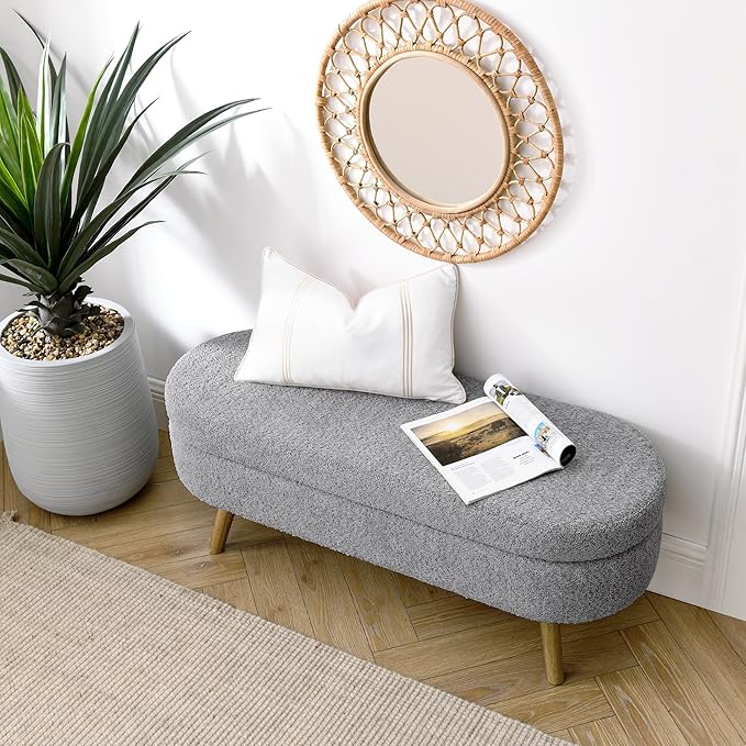 Oval Storage Bench 43.5" Linen Fabric Upholstered Entryway Bench with Solid Wood Legs Ottoman Bench Indoor Bench for Living Room/Bedroom/End of Bed/Entryway (New Grey)