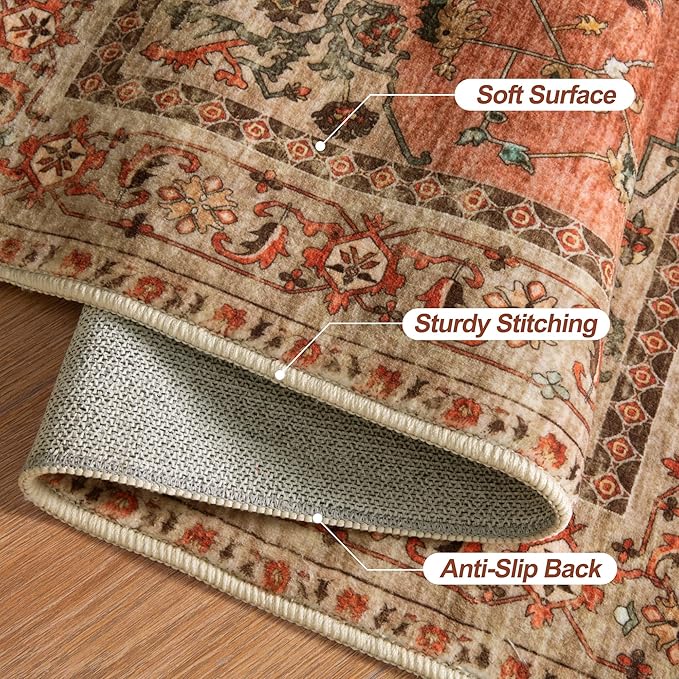 Boho Rug 4x6 Area Rug, Washable Vintage Indoor, Oriental Non Slip Distressed Terracotta Carpet, Machine Washable Rug, Soft Low Pile Rugs Foldable Floor for Dining Room Bedroom Living Room