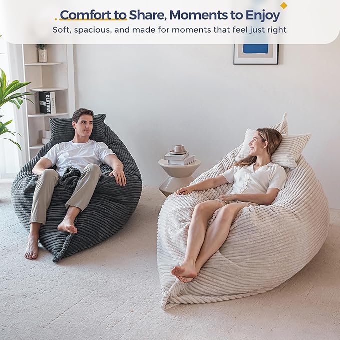 MAXYOYO Giant Bean Bag Chair with Pillow, 3 in 1 Convertible Bean Bag Chair for Adults with Washable Cover, Removable Floor Cushion Stuffed Floor Lounger for Living Room Bedroom, Dark Grey, Queen
