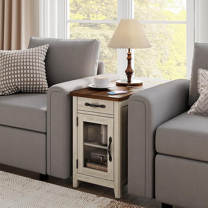 LINSY HOME End Table Set of 2 with Charging Station, Modern Farmhouse Sofa Couch Side Table, Wooden Bedside Table for Living Room, Slim Nightstand with Storage Cabinet for Small Space, Glass Door