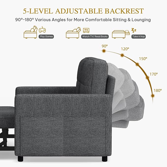 DWVO 55" Convertible Sofa Bed, 3-in-1 Sleeper Sofa with Pull-Out Bed, Linen Futon Couch with Adjustable Backrest and Side Pocket, Modern Loveseat for Living Room Apartment, Grey
