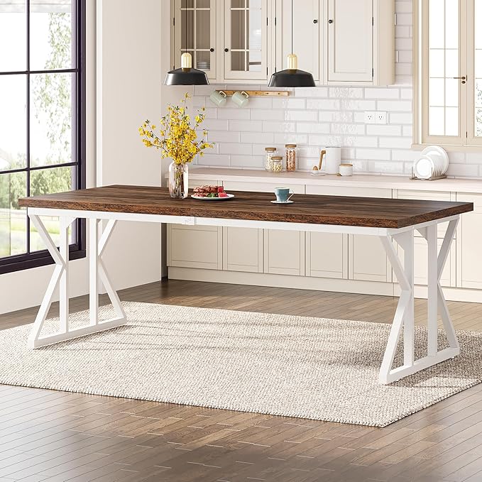 Tribesigns Farmhouse Dining Table for 6-8 People, 78.7-Inch Rectangular Wood Dining Table, Rustic Kitchen Table with Heavy Duty Metal Legs for Dining Room