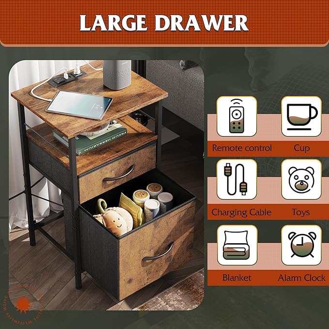 WLIVE Night Stand Set 2, Nightstand with Charging Station, Bedside Tables for Bedroom, Side Table with Fabric Drawers, USB Ports and Outlets, Rustic Brown