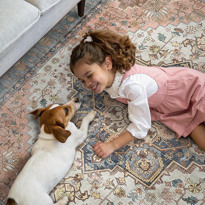 GENIMO 2x5 Runner Rugs for Hallway, Machine Washable Non Slip Vintage Rugs, Low Pile Lightweight Soft Print Rug for enrtyway, Corridor, Home Office, Kitchen, Blue Brick Red