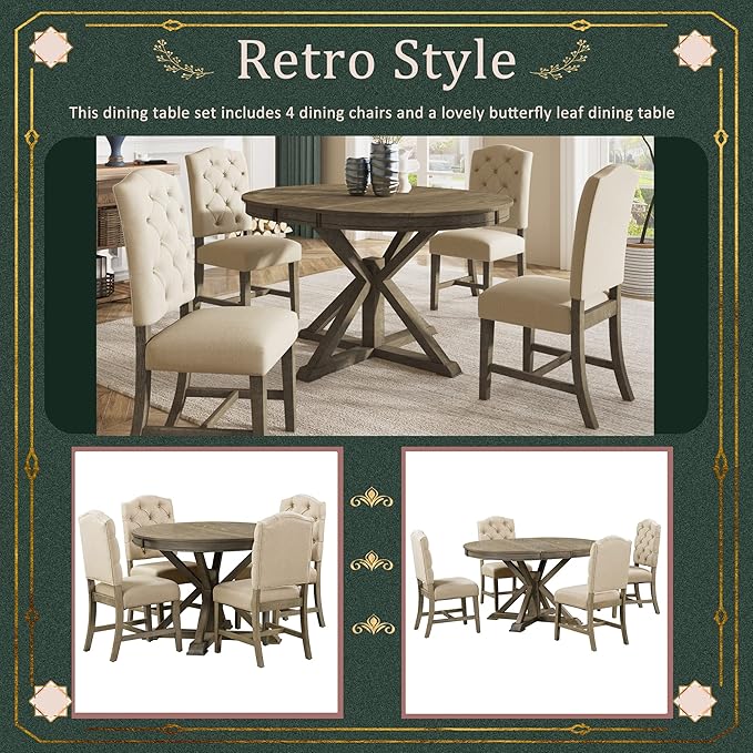 SogesPower 5-Piece Round Farmhouse Retro Dining Table Set for 4, Space-Saving Kitchen Table Set with Extendable Table and 4 Upholstered Chairs for Dining Room Living Room,Natural Wood