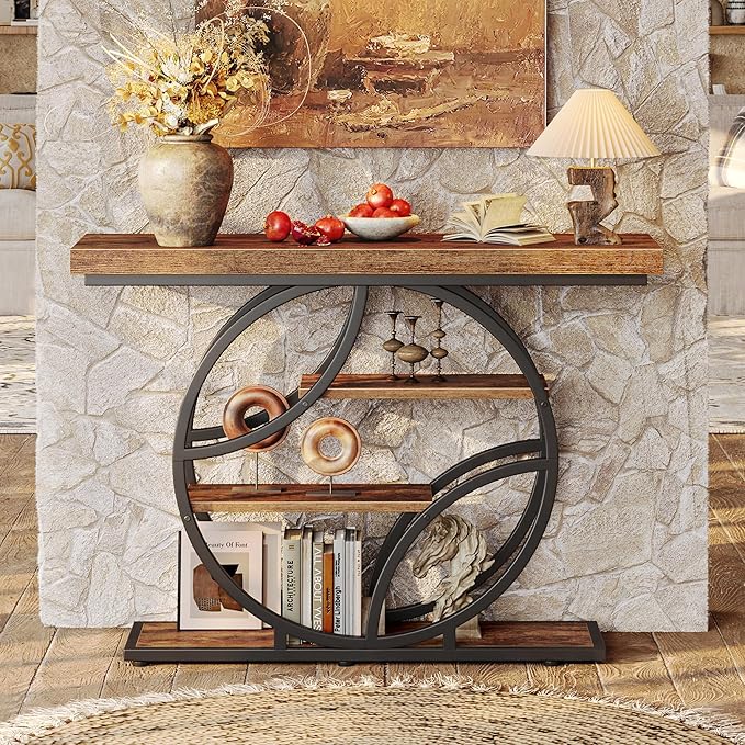 Huuger 41.3 Inch Entryway Table, Industrial Console Sofa Table with Storage, Accent Table with Shelves, for Entry, Hallway, Entrance, Foyer, O-Shaped Metal Frame, Rusitc Brown