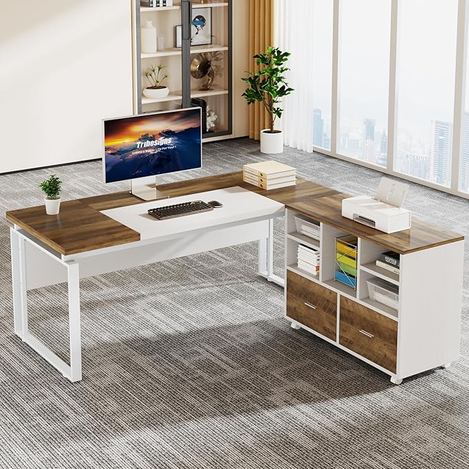 Tribesigns 2-Drawer Wood File Cabinet, Mobile Lateral Filing Cabinet for Hanging Letter Size Files, Printer Stand with Open Storage Shelves for Home Office (Oak Karo & White)