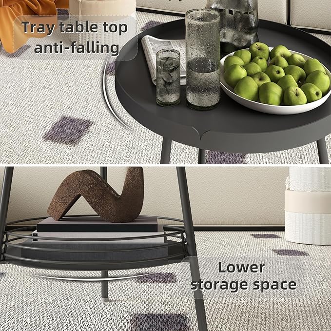 Benkyo 2 Tier Black Metal Round Side Table Tiered Two Shelf Storage Coffee Sofa End Table for Living Room and Bedroom,Black