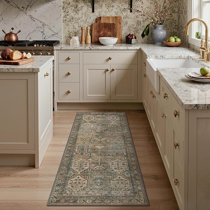 GENIMO 3x7 Runner Rugs for Hallway, Machine Washable Non Slip Vintage Rugs, Low Pile Lightweight Soft Print Rug for enrtyway, Corridor, Home Office, Kitchen, Warm Taupe