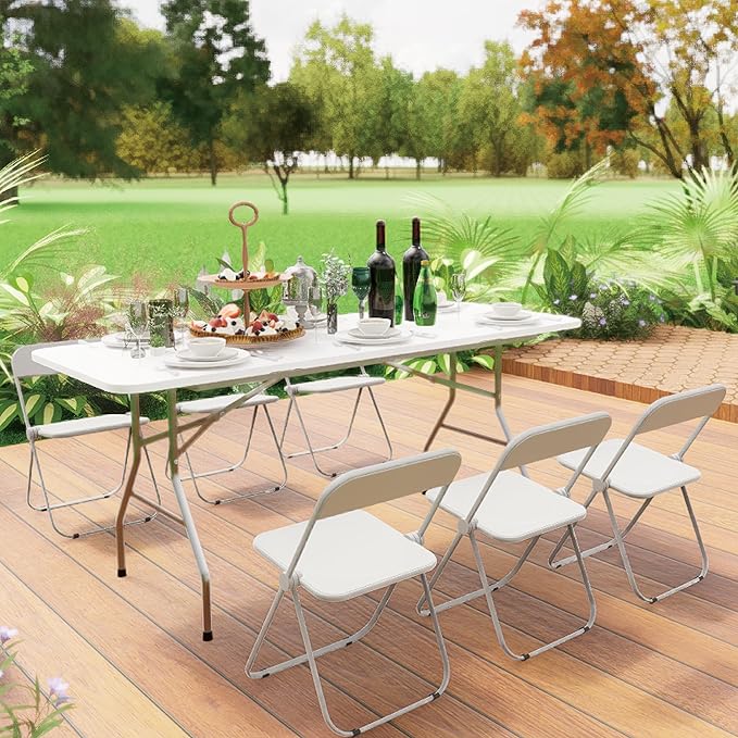 Folding Table 6 FT Lightweight Portable Plastic Fold-in-Half Utility Foldable Table suitable to hold large, Plastic Dining Indoor Outdoor for Camping, Picnic and Party, White(27.5"D ×70.8"W ×29.1"H)
