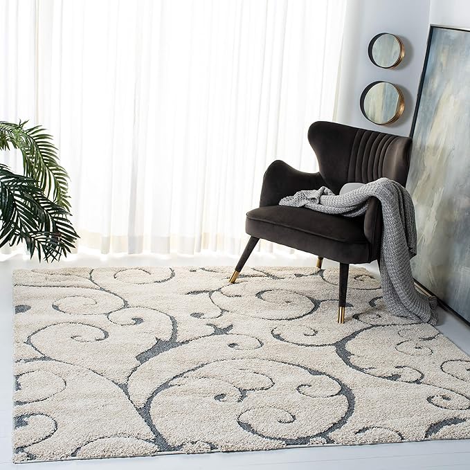 SAFAVIEH Florida Shag Collection Area Rug - 5' Square, Beige & Blue Grey, Scroll Design, Non-Shedding & Easy Care, 1.2-inch Thick Ideal for High Traffic Areas in Living Room, Bedroom (SG455-1155)