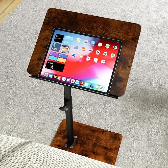 Sofa Armrest Tray Table for Couch - 360° Swivel Height Adjustable End for Small Spaces, Snack Side Table for Bed or Chair with Phone & Tablet Slot (Rich,Angle Adjustable)