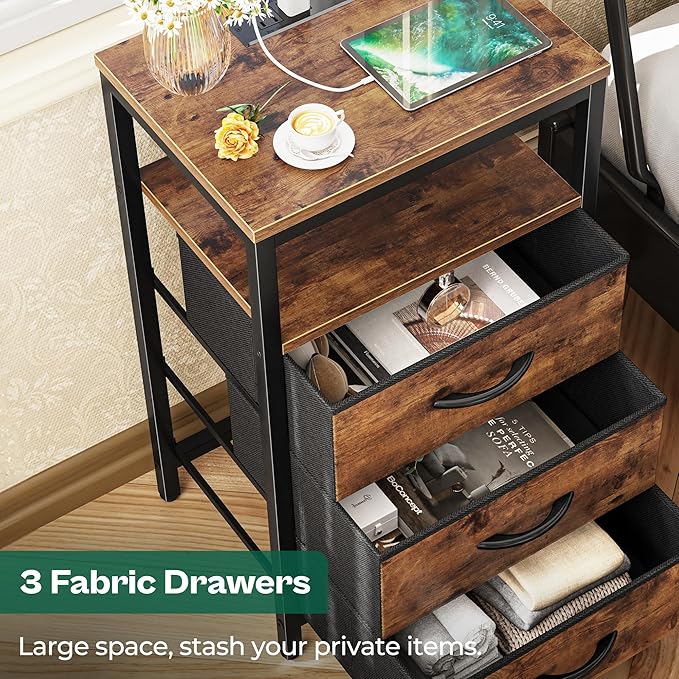 Huuger Nightstand with Charging Station, 27.6 Inch Bedside Table with Fabric Drawers, End Table with USB Ports and Outlets, Night Stand for Bedroom, Rustic Brown