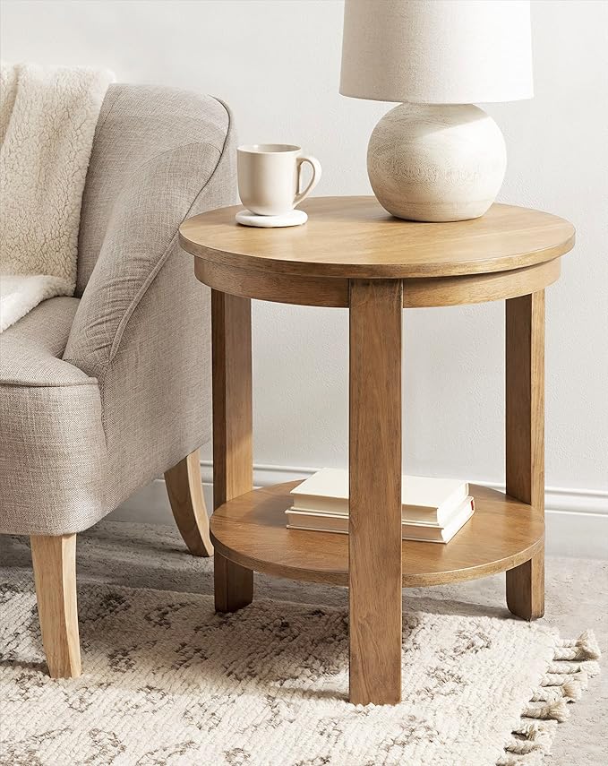 Kate and Laurel Foxford Tiered Round Side Table; 22 x 22 x 24; Natural Brown; Transitional Two-Tier Circle Nightstand Table with Storage and Resilient Wood Construction for Bedroom Decor