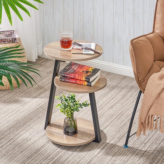 BEWISHOME Round End Table Side Table with Metal Frame, Accent Table Nightstand Bedside Table with 3-Tier Shelves, Small Couch Coffee Table for Living Room Bedroom Greige KTZ41G