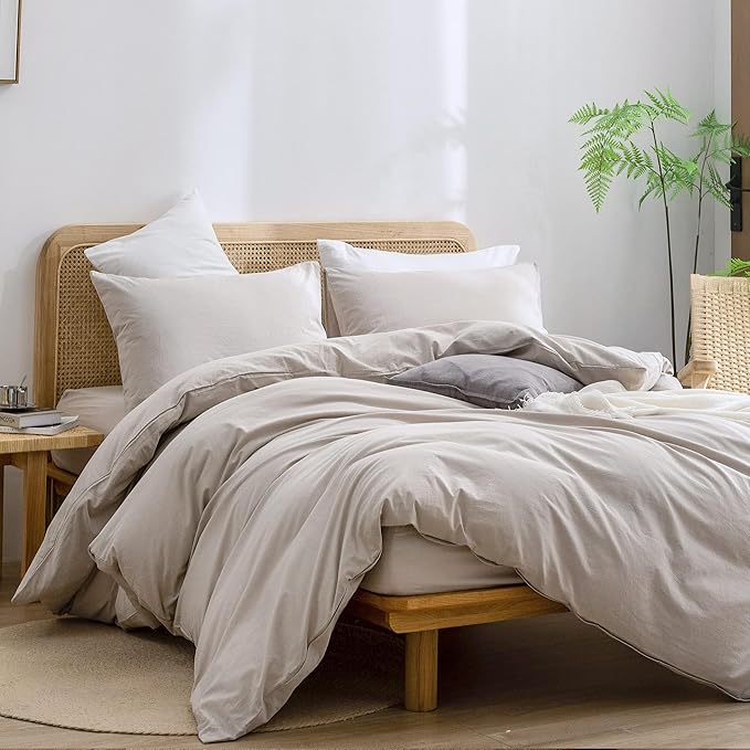 BESTOUCH Duvet Cover Set 100% Washed Cotton Linen Feel Super Soft Comfortable Chic Lightweight 3 PCs Home Bedding Set Solid Linen Grey Oversized Full