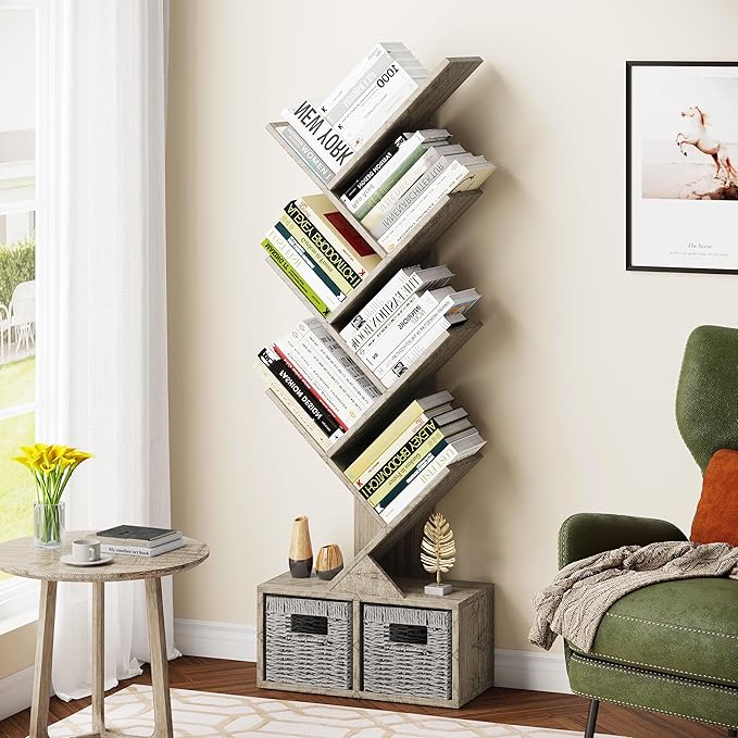 Vagusicc 6 Tier Tree Bookshelf, Small Bookcase with Storage Cabinet, Modern Tall Narrow Bookshelves Organizer, Floor Standing Book Shelf for Bedroom/Living Room/Home Office/Corner, Rustic Greige