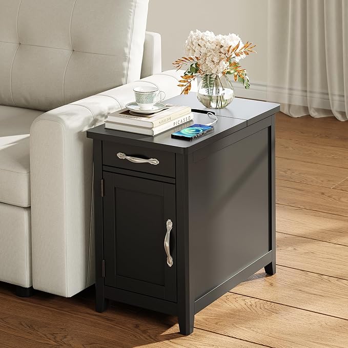 LINSY HOME Farmhouse End Table with Charging Station, Narrow Side Table for Living Room, Sofa Side Table with Drawer and Storage Cabinet, Small Nightstand for Home Office