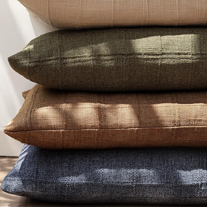 Foindtower Set of 2 Decorative Linen Check Throw Pillow Covers Neutral Farmhouse Vintage Cushion Covers Modern Boho Home Decor for Sofa Chair Couch Bedroom Living Room Outdoor,22×22 Inch,Brick