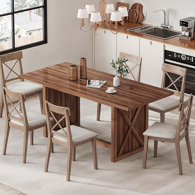 DWVO 70.8" Large Dining Table for 6 to 8 People Farmhouse Rustic Wood Dinner Table Rectangular Long Kitchen Dining Table for Dining Room Kitchen Living Room Office, Walnut