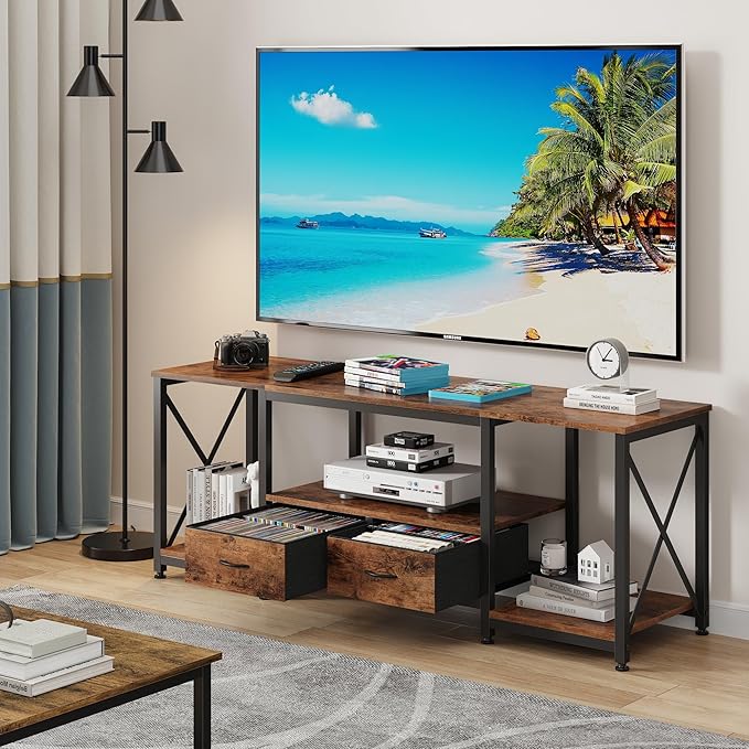 TV Stand with Fabric Drawers for 65 70 75 Inches TV - Entertainment Center and Industrial TV Console Table with Open Storage Shelves for Living Room, Bedroom - 63" Rustic Brown