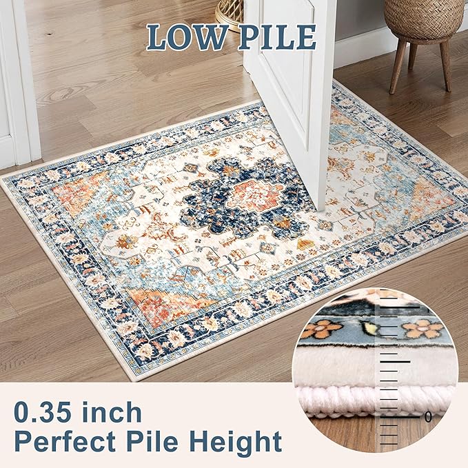 Tangsoo 4x6 Area Rug for Living Room, Washable Vintage Indoor, Distressed Blue/Beige Carpet for Bedroom, Non Slip Dining Room, Soft Low Pile Rugs Foldable for Dorm Bedside Bathroom