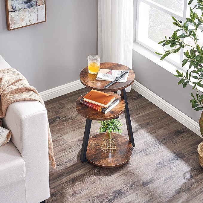 BEWISHOME Round End Table Side Table with Metal Frame, Accent Nightstand Bedside Table with 3-Tier Shelves, Small Couch Coffee Table for Living Room Bedroom Rustic Brown KTZ41Z