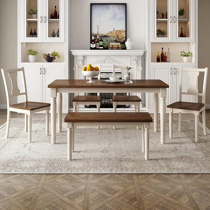 6 Pieces Dining Table Set with 60" Rectangle Kitchen Desk,Living Room Furniture W/ 4 Concave Arc Chairs & 1 Bench,for Restaurant,Home Bistro,Brown+Cottage White