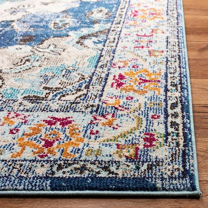 SAFAVIEH Monaco Collection Accent Rug - 4' x 5'7", Navy & Light Blue, Medallion Distressed Design, Non-Shedding & Easy Care, Ideal for High Traffic Areas in Entryway, Living Room, Bedroom (MNC243N)