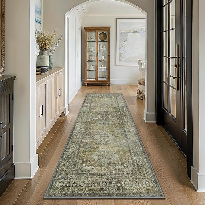 GENIMO Runner Rug 2x12 Non Slip Machine Washable Vintage Hallway Runner Rugs, Low Pile Lightweight Mat for Living Room, Entryway, Bedroom, Kitchen and Corridor, Distressed Sage
