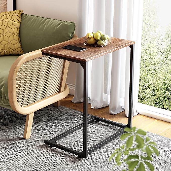 WLIVE Wide Snack Side Table, C Shaped End Table for Sofa Couch and Bed, Laptop Table, Work from Home, 26 Inch Tall, Light Brown