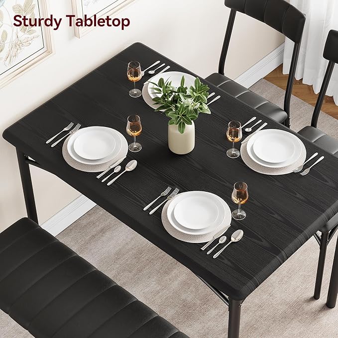 GarveeHome Dining Table Set for 4, Kitchen Table with Upholstered Chairs and Bench, Wood Rectangular Dining Table and Chairs Set for Small Space, Apartment, Dinner, Rustic Black