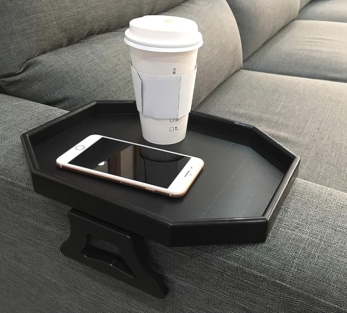 Sofa Armrest Clip Table – No-Slip Couch Tray for Drinks, Snacks, Remote – Adjustable Armchair Table for Living Room, Bedroom, Dorm – Fits Most Armrests (Black)