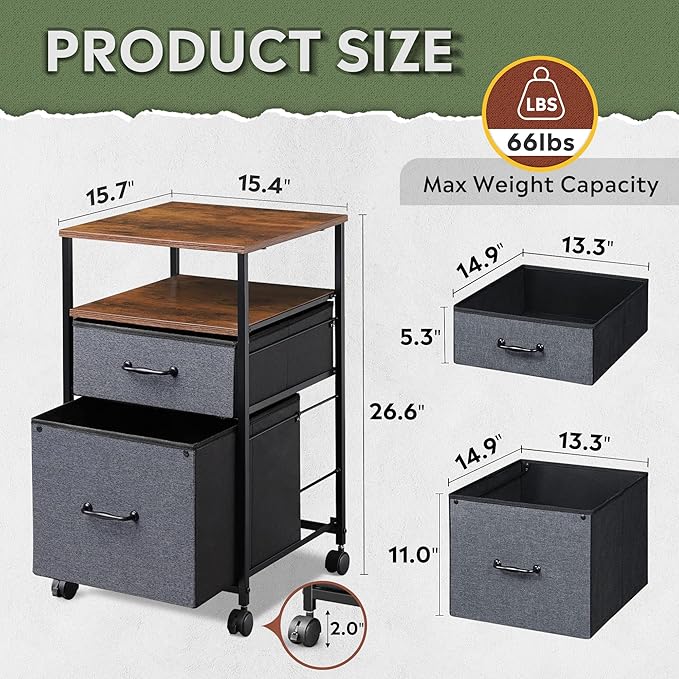 DEVAISE 2 Drawer Mobile File Cabinet, Rolling Printer Stand with Open Storage Shelf, Fabric Vertical Filing Cabinet fits A4 or Letter Size for Home Office, Rustic Brown
